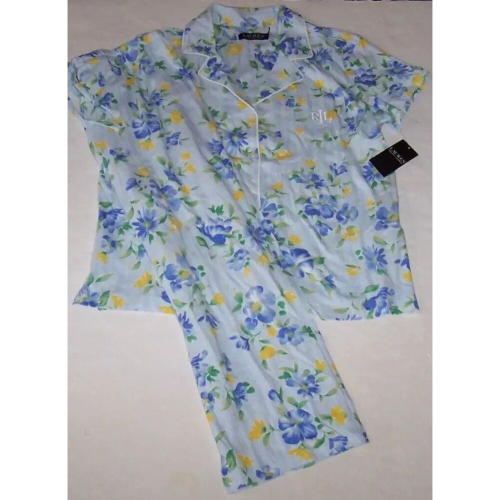 Lauren Ralph Lauren BLUE GREEN YELLOW FLORAL Knit CAPRI Pajama Set M NWT